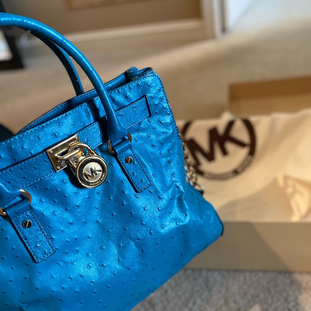 Michael Kors Hamilton Ostrich embossed turquoise tote with dust bag